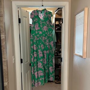 SHEIN Green and Pink Floral Long Sleeve Dress